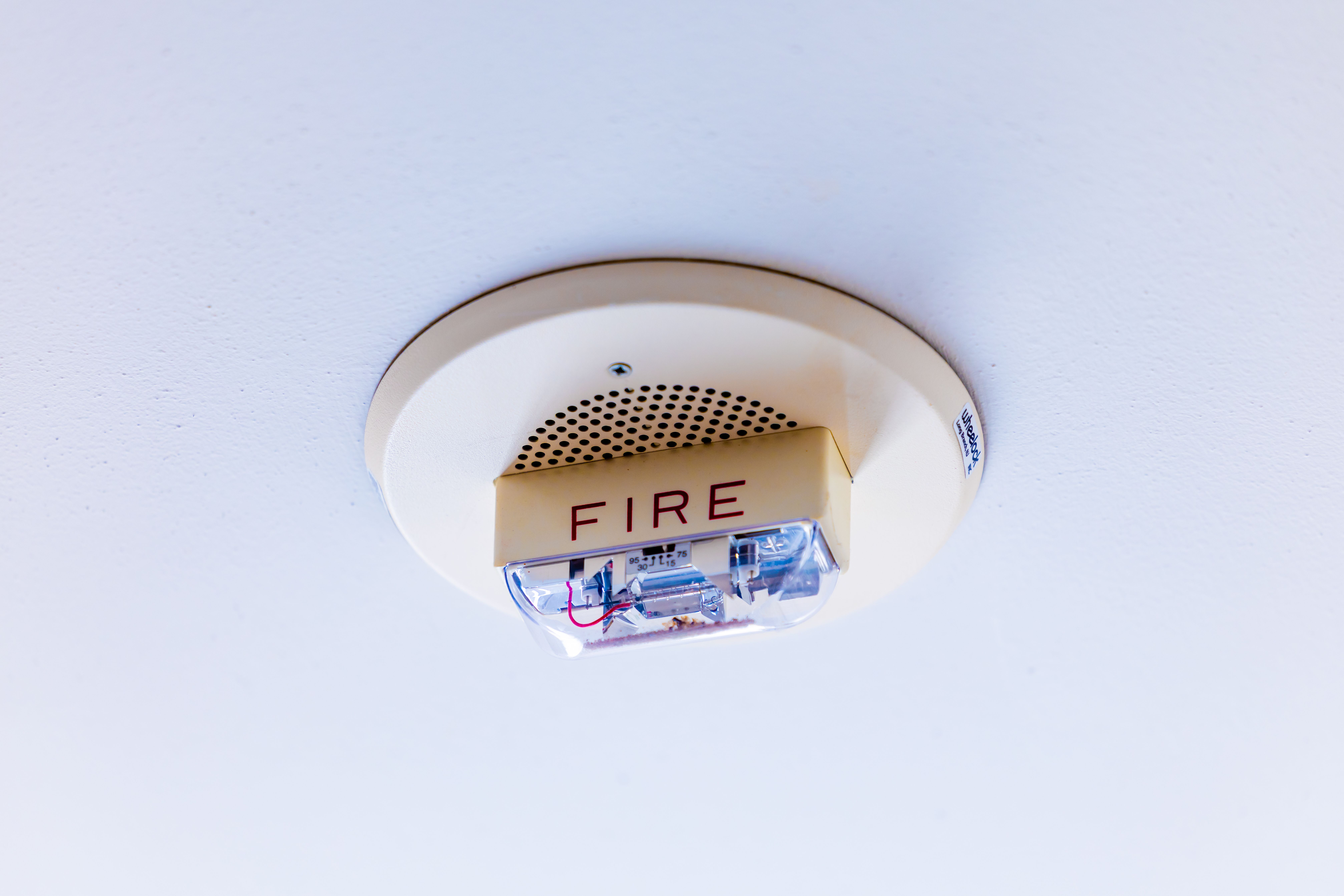 Close-up of a ceiling-mounted fire alarm for building safety